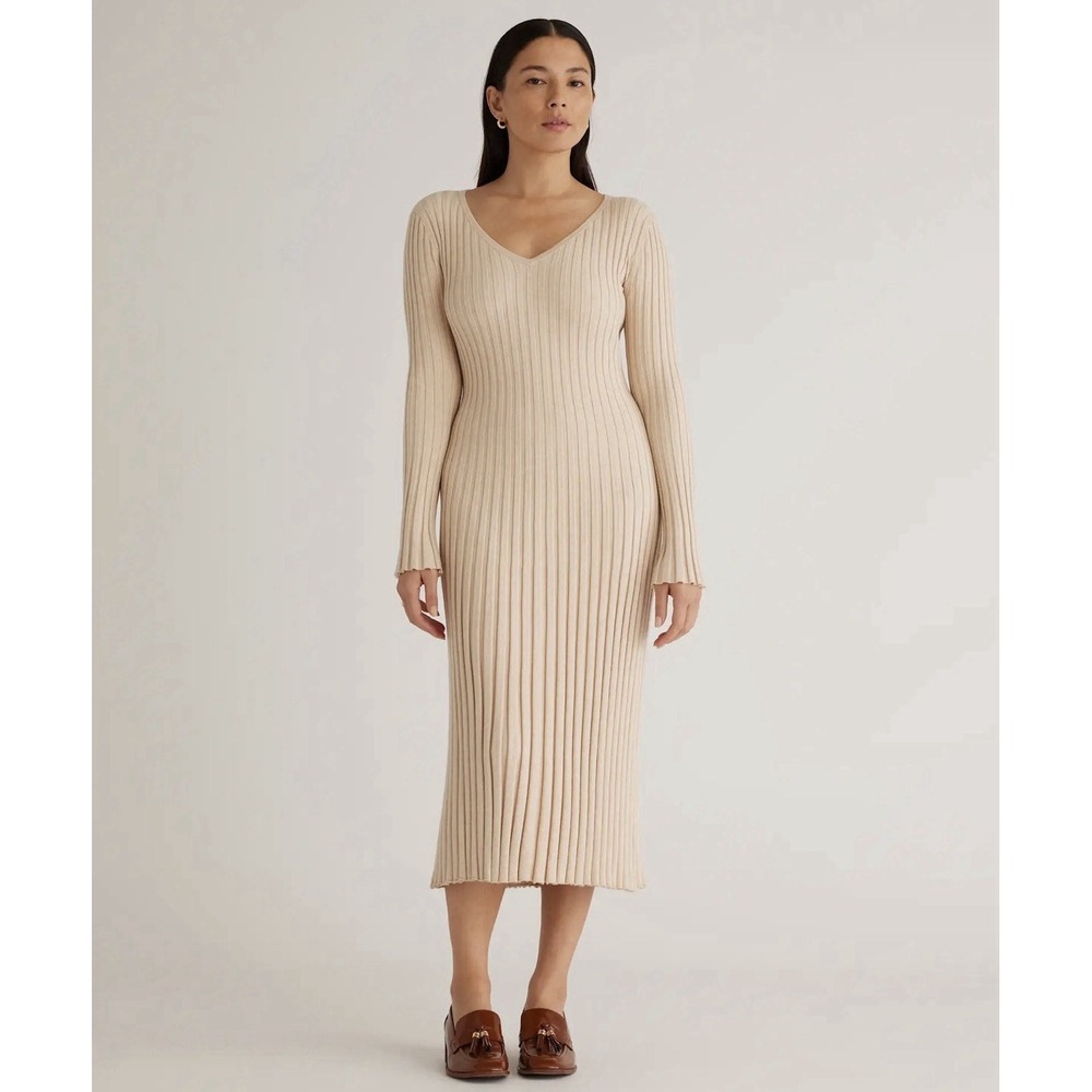 QUINCE Cotton Cashmere Ribbed Long Sleeve V Neck Midi Dress Oatmeal Size XL